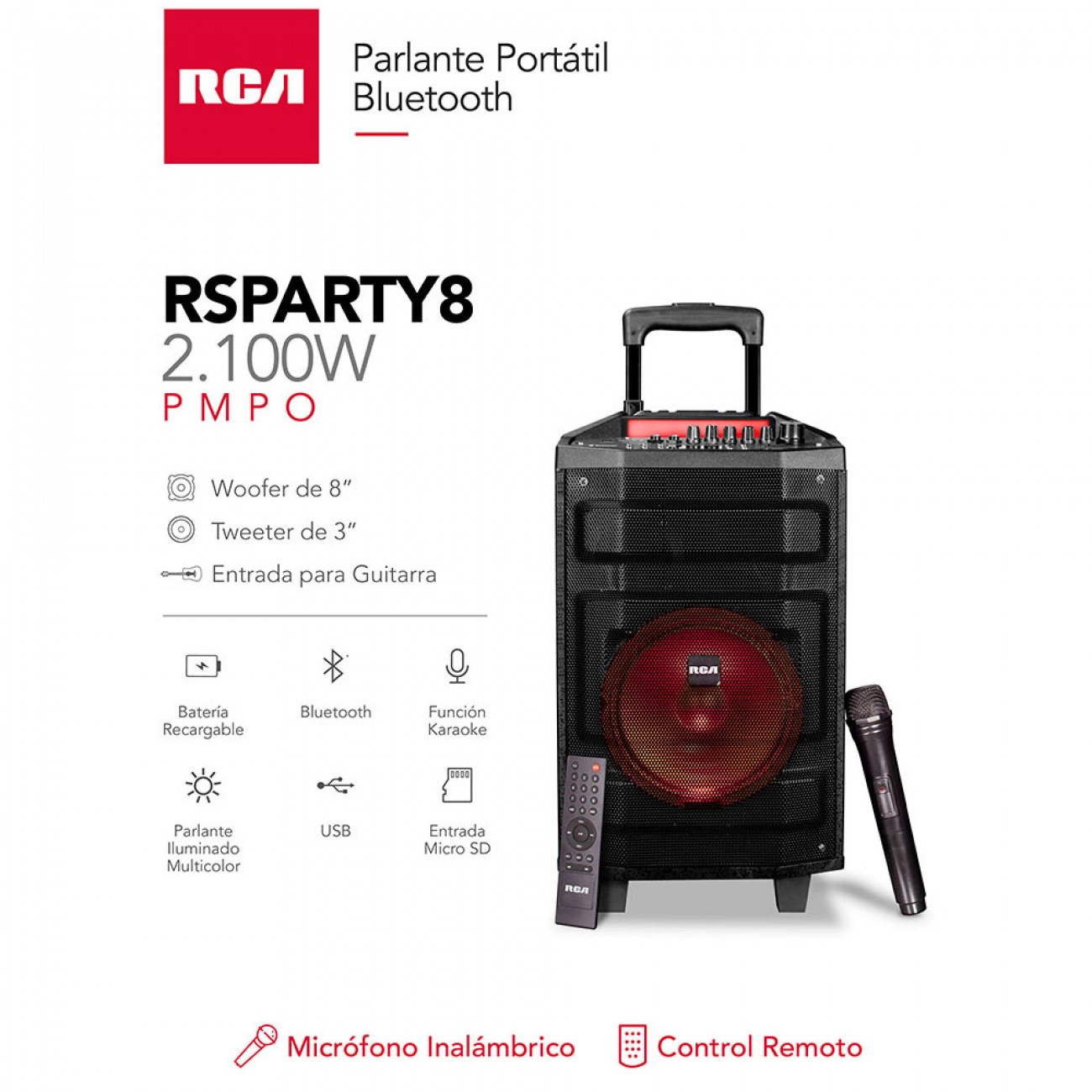 Imagen Parlante Portátil Bluetooth Rca Rsparty8 2100w Woofer 8"